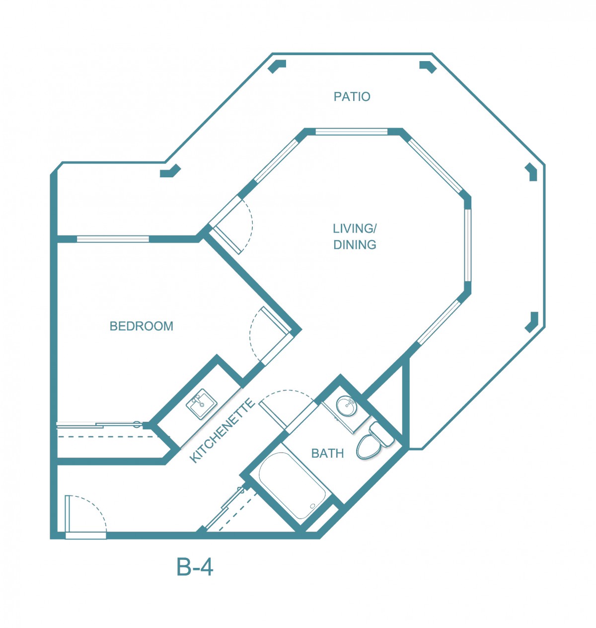 A floor plan of a one-bedroom apartment with a kitchen, bathroom, and living space.