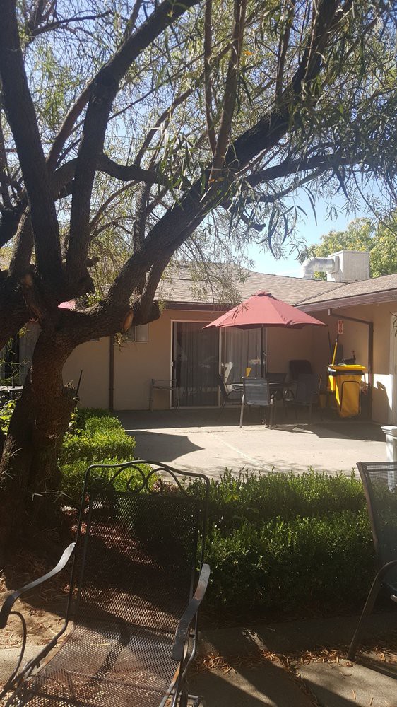 A sunny backyard patio with a red umbrella and outdoor seating.