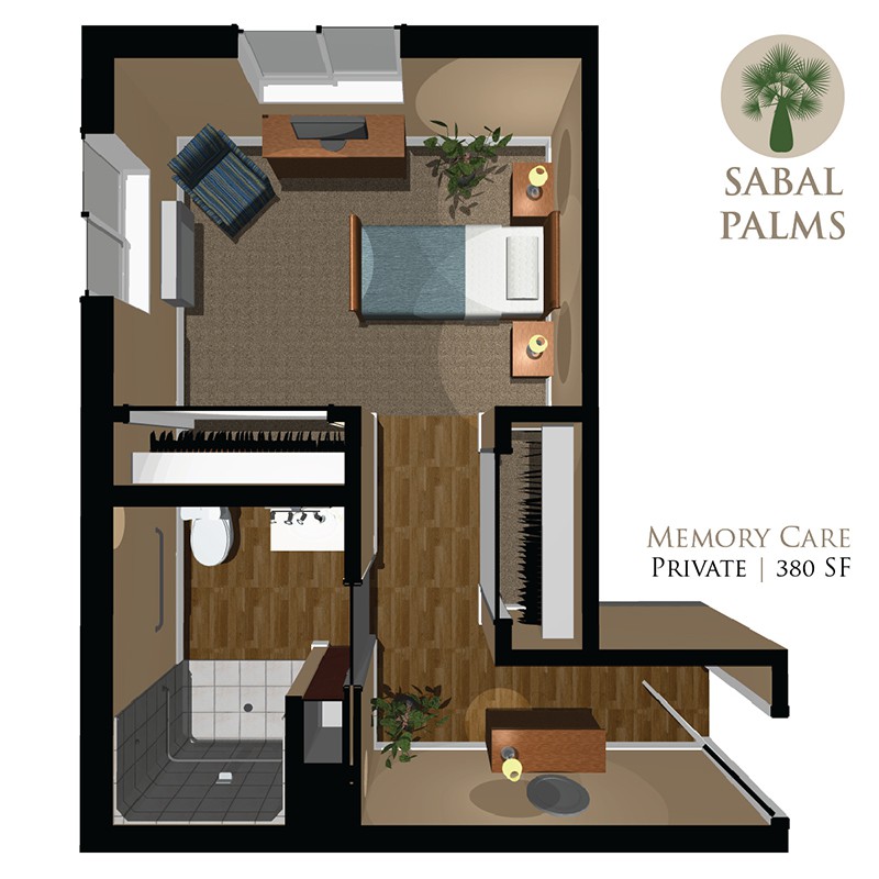 A memory care unit floor plan from Sabal Palms showing a compact and efficient layout with designated spaces for living, sleeping, and bathroom facilities.