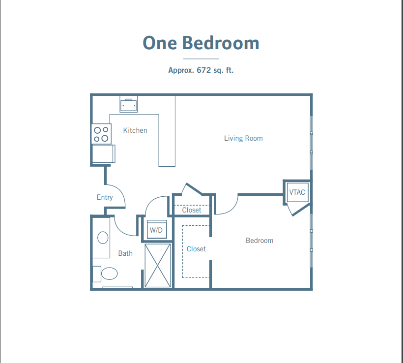 A floor plan of a one-bedroom apartment layout showing the living room, kitchen, and bathroom.
