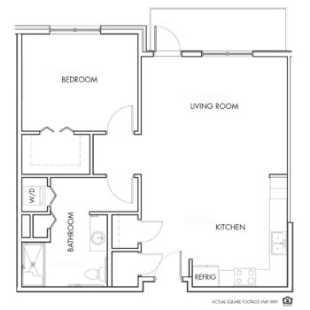 A simple floor plan of a one-bedroom apartment featuring a living room, kitchen, and bathroom.