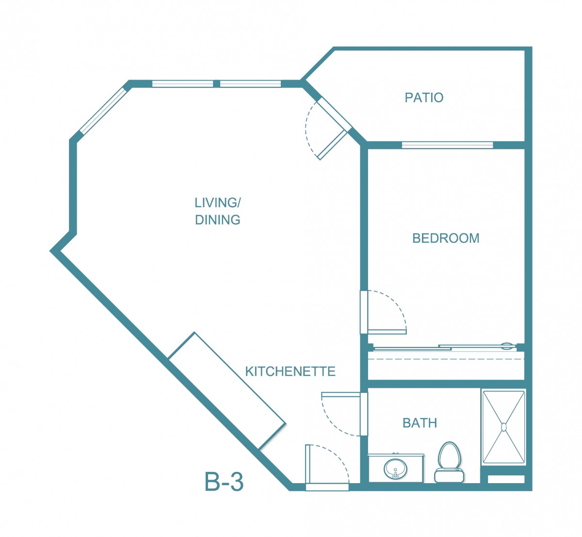 Floor plan of a small apartment with a living area, kitchenette, bedroom, bath, and patio.