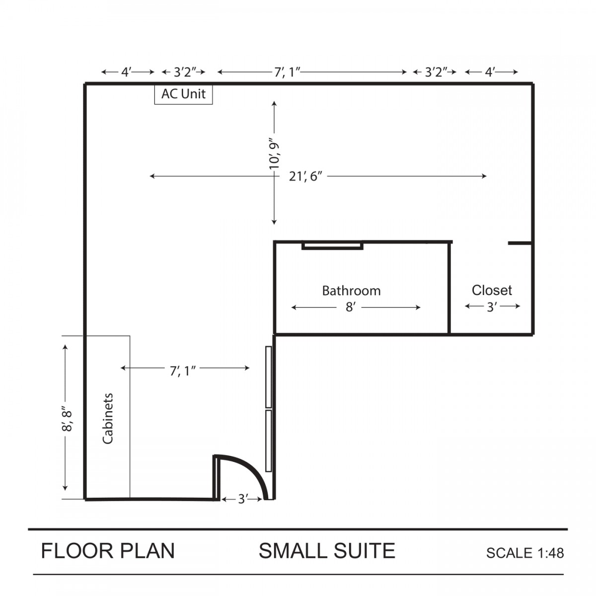 A floor plan illustrating the layout and dimensions of a small suite, including bathroom and closet spaces.