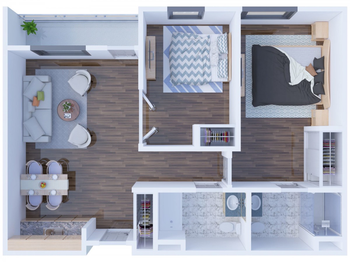 A two-bedroom apartment floor plan featuring a living room, kitchen, and bathroom.