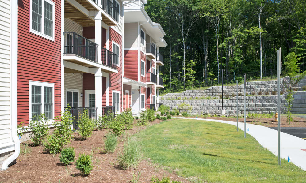 A modern apartment building with landscaped surroundings and green grass.