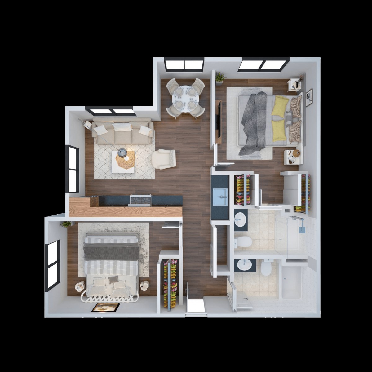 A 3D-rendered floor plan of a two-bedroom apartment, showcasing a modern layout with living room, kitchen, and bathroom.