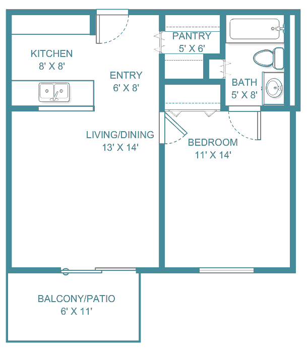 A floor plan of a one-bedroom apartment featuring a living/dining area, kitchen, bathroom, bedroom, and balcony.