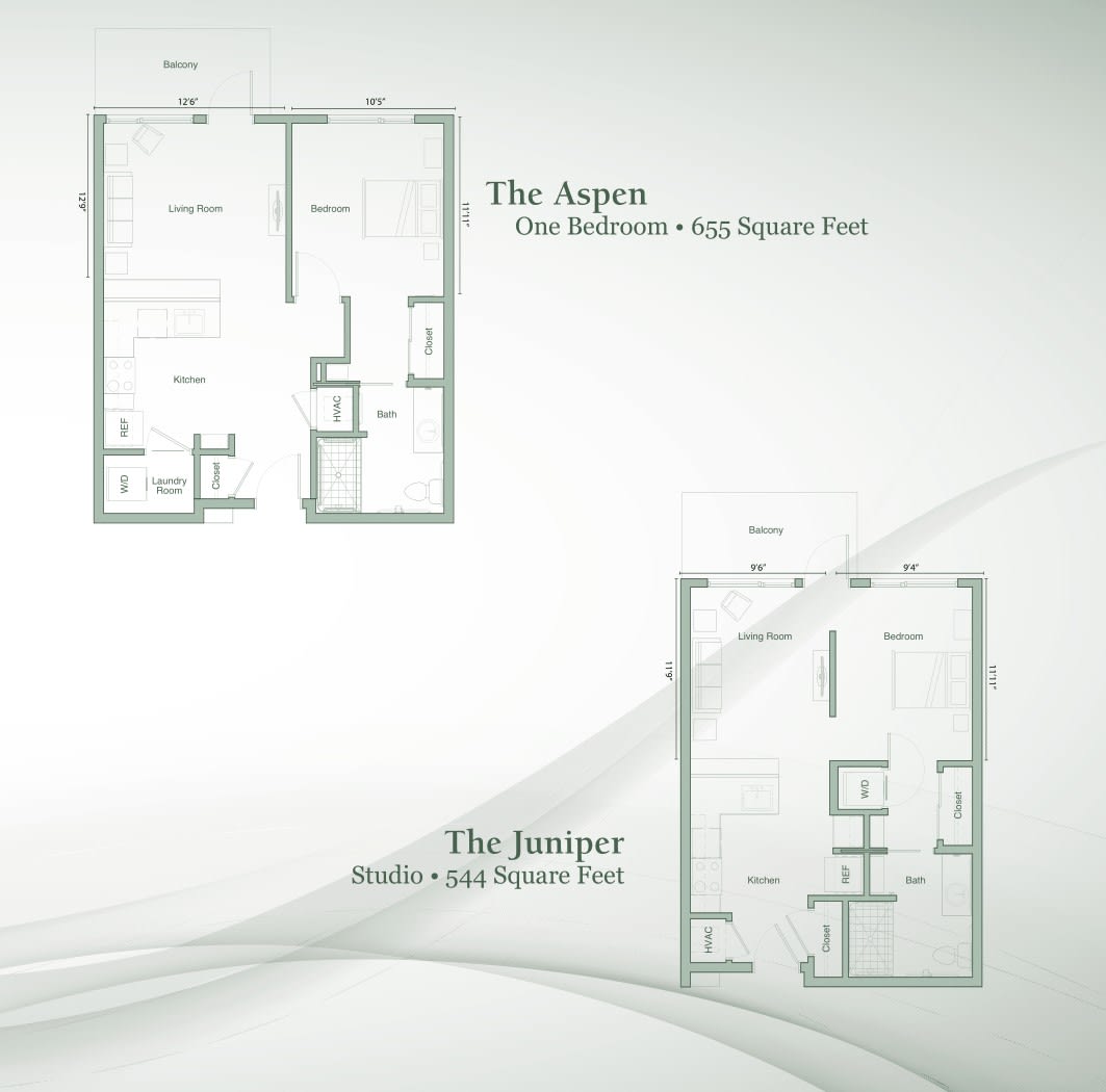 Floor plans for The Aspen and The Juniper apartments, showcasing different layout options.