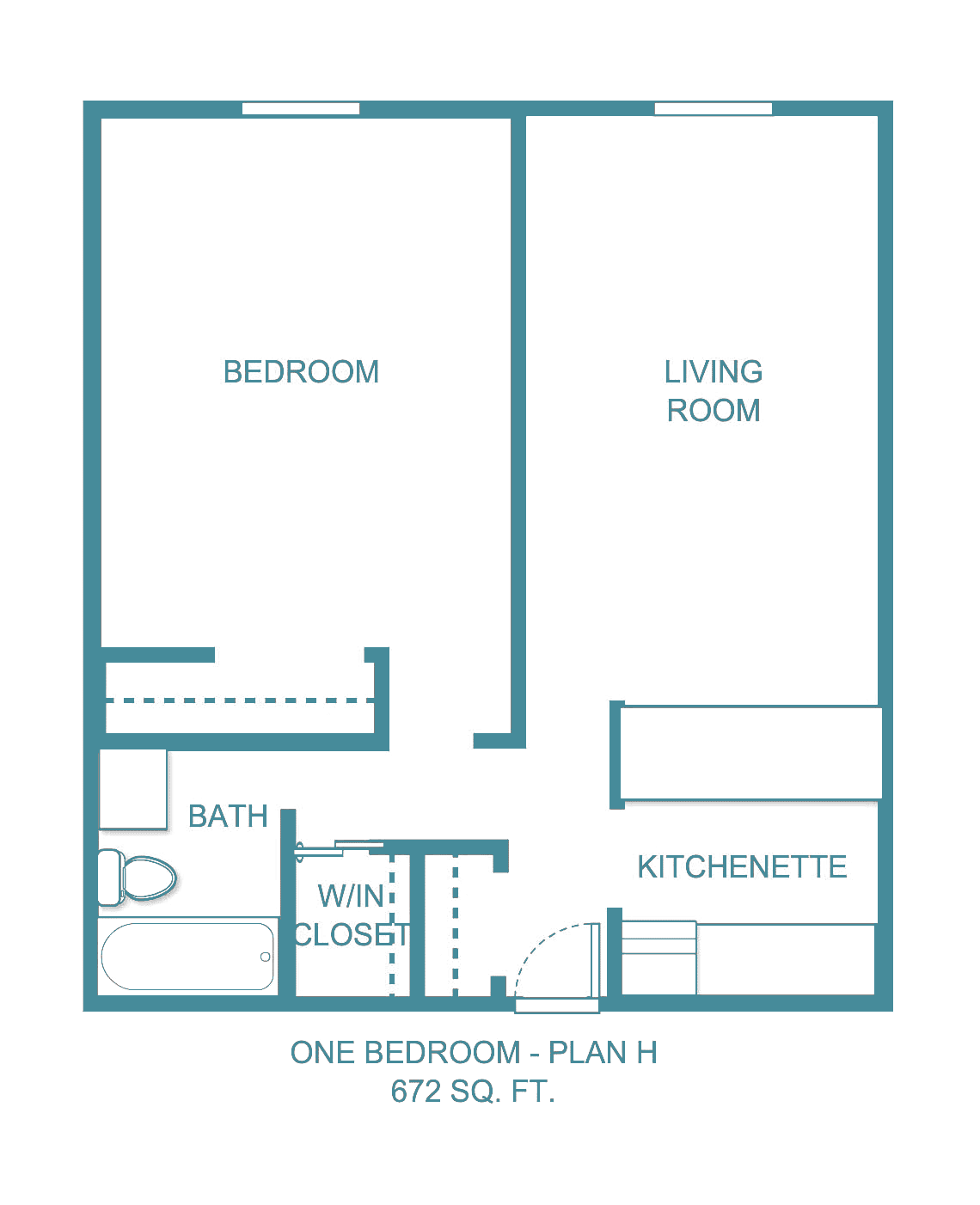 A floor plan of a one-bedroom apartment, featuring a bedroom, living room, kitchenette, and bathroom.