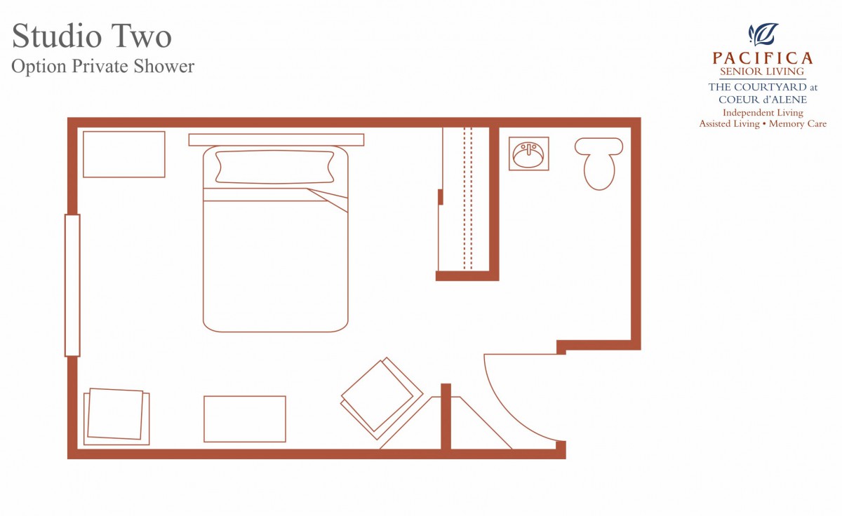A floor plan of a small studio apartment featuring a bedroom and bathroom.