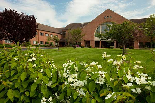 A brick building surrounded by lush greenery and white flowers under a blue sky.
