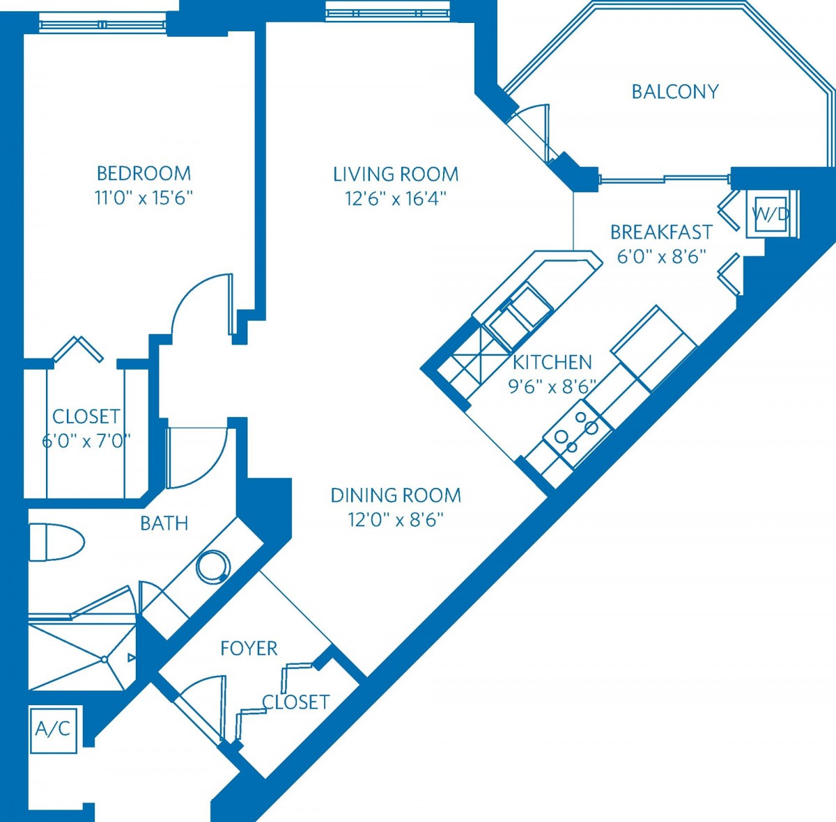 A detailed blueprint of an apartment floor plan, showcasing the layout of various rooms and spaces.