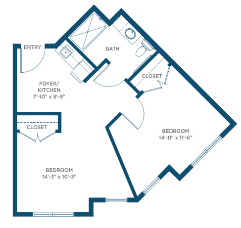 A blueprint of a one-bedroom apartment layout showing various rooms and their dimensions.