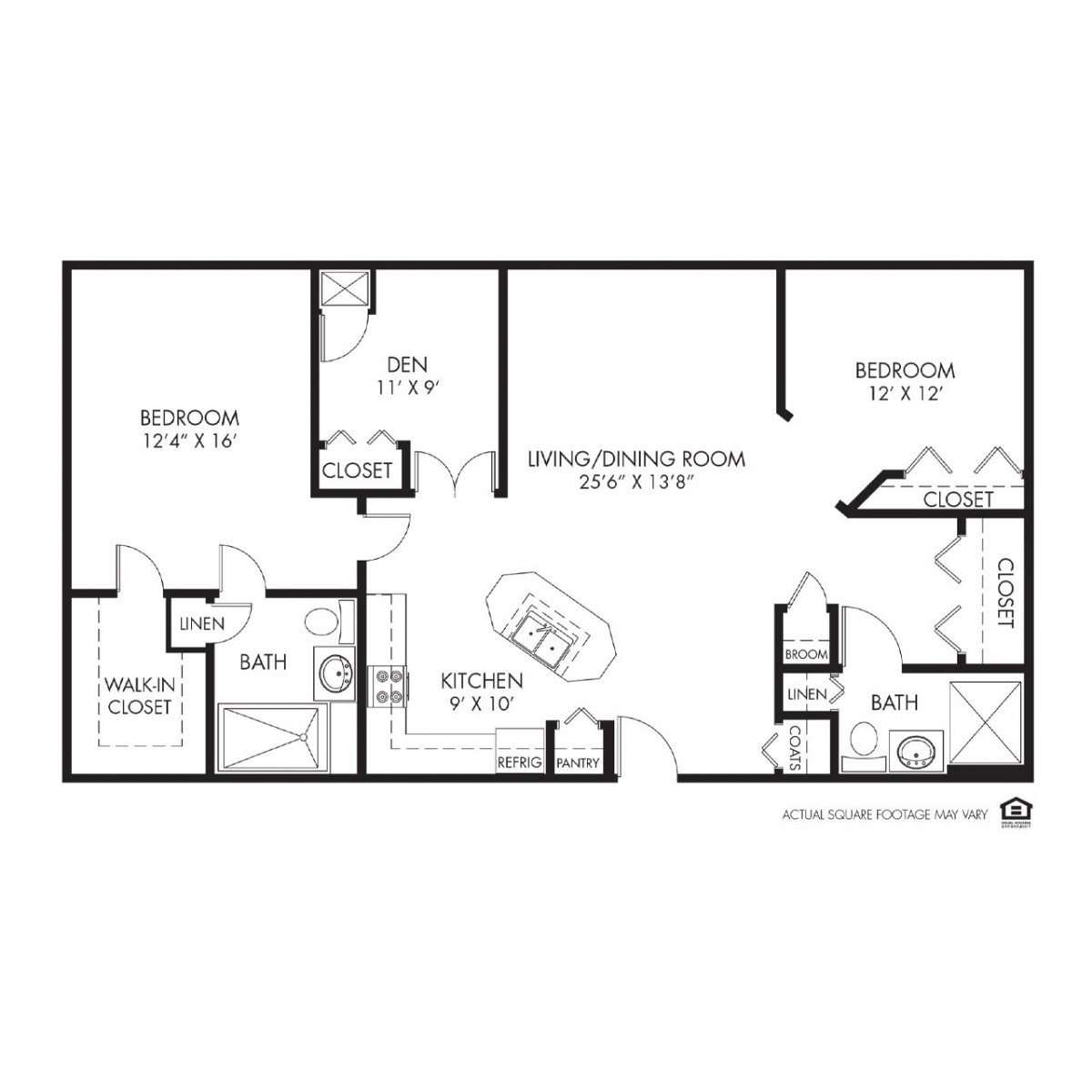 A detailed floor plan of an apartment featuring two bedrooms, a kitchen, two bathrooms, and a living/dining area.