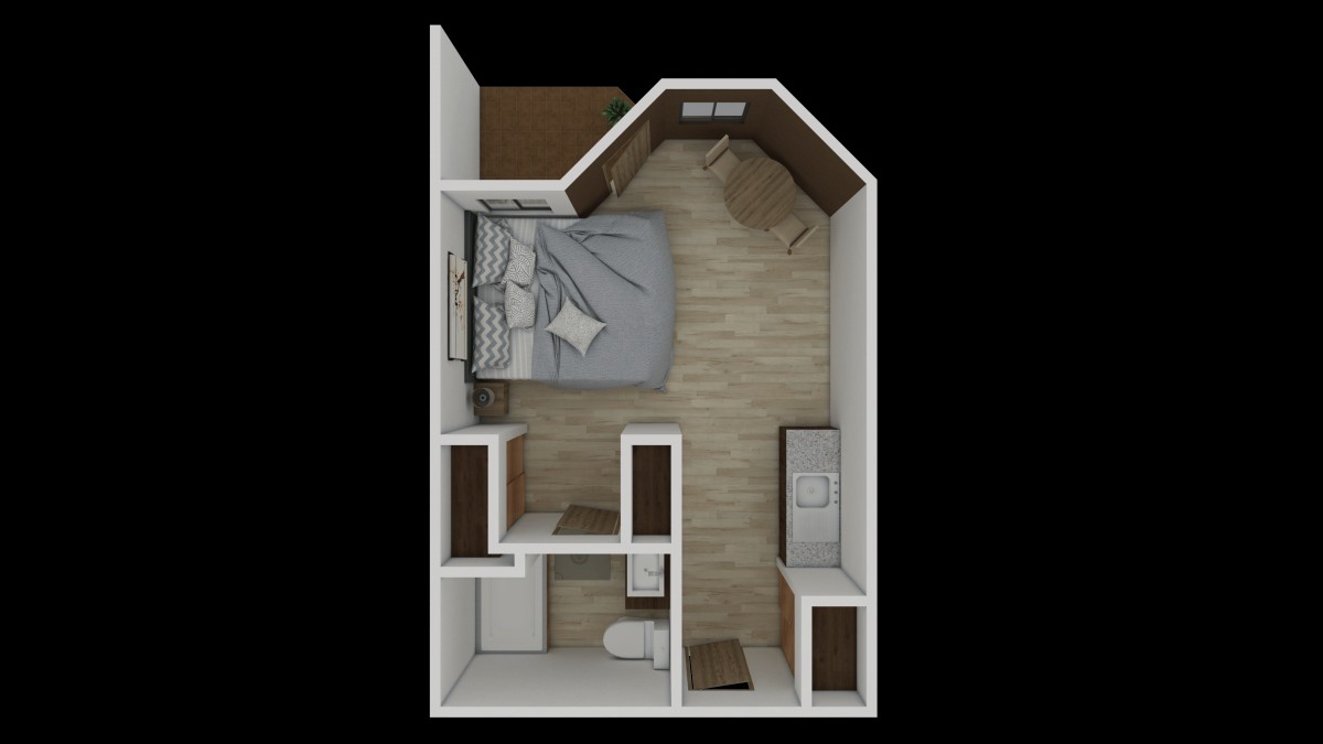 A compact floor plan of a studio apartment featuring a bed, kitchenette, and bathroom.