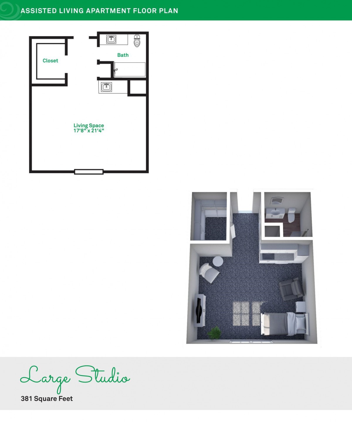 A 3D rendering and floor plan of a large studio apartment showcasing an open living area with kitchen and bathroom.