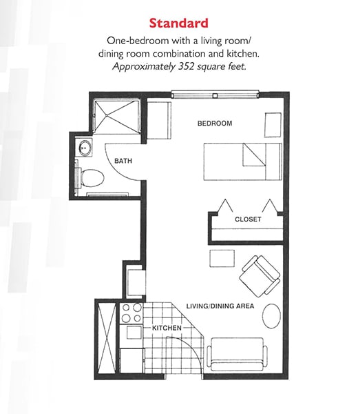 Floor plan of a one-bedroom apartment featuring a living room, dining area, and kitchen combination.