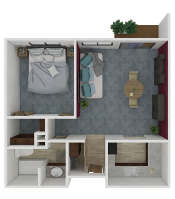A modern apartment floor plan featuring a bedroom, living room, kitchen, and bathroom.