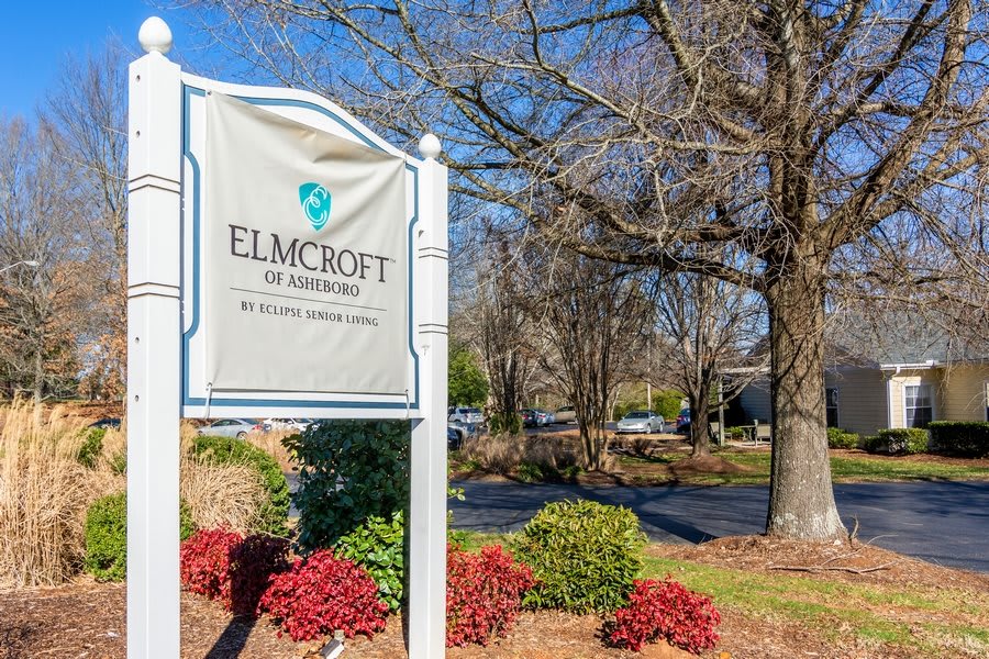 A sign for Elmcroft of Austin reading 'Excellence in Care' amidst a well-landscaped area with trees and shrubs.