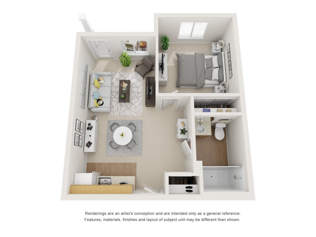 3D floor plan of a 1-bedroom apartment featuring living room, kitchen, bathroom, and bedroom areas.
