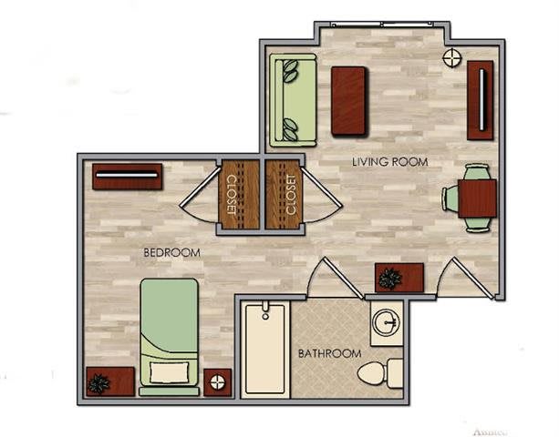 This image shows a floor plan of an apartment featuring one bedroom, a living room, and a bathroom.