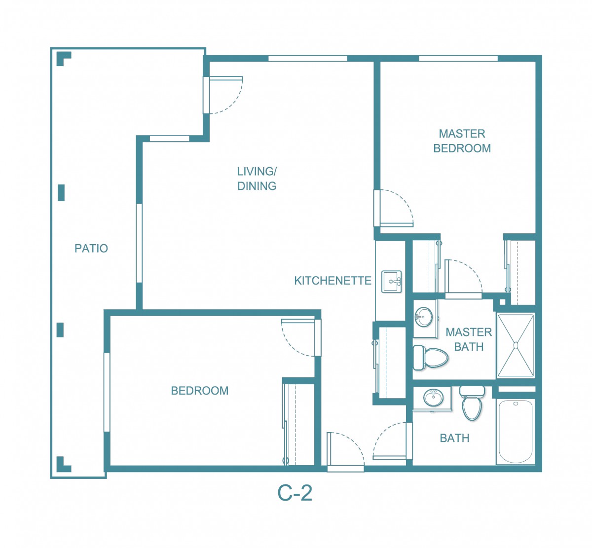 A floor plan of a two-bedroom apartment with a kitchen, living room, and bathrooms.