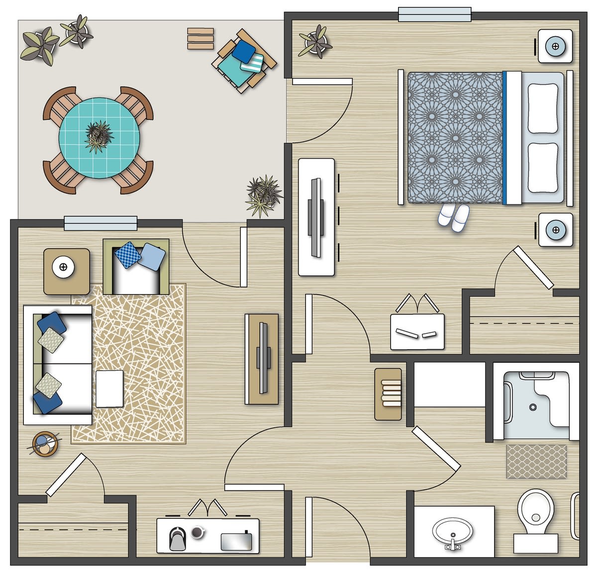 A detailed floor plan of a one-bedroom apartment with labeled rooms and furniture placement.
