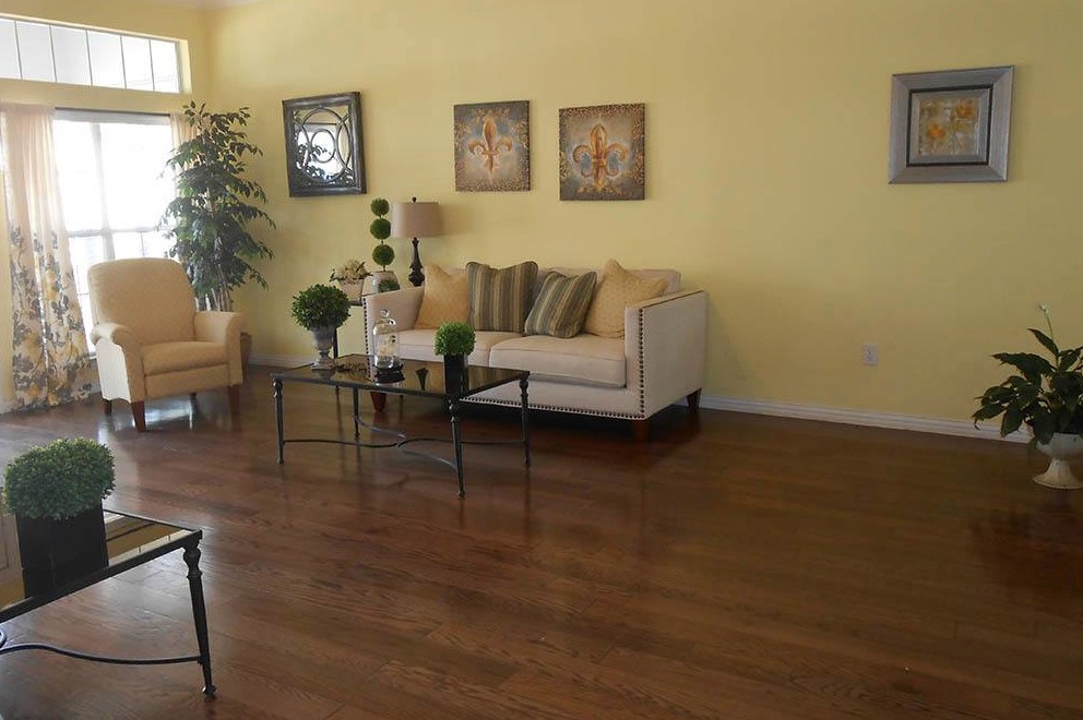 A cozy living room with a sofa, hardwood floors, and decorative artwork on the wall.