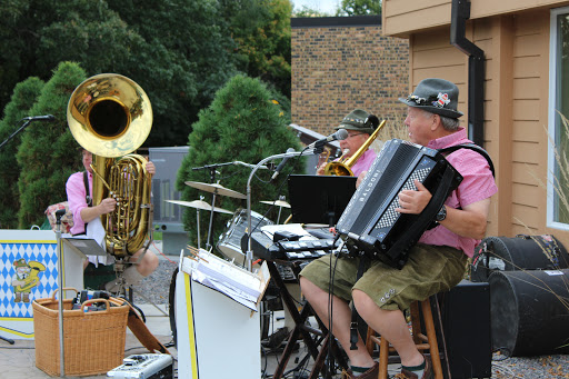 A lively outdoor band playing a mix of instruments, including a tuba and accordion, entertaining the crowd.