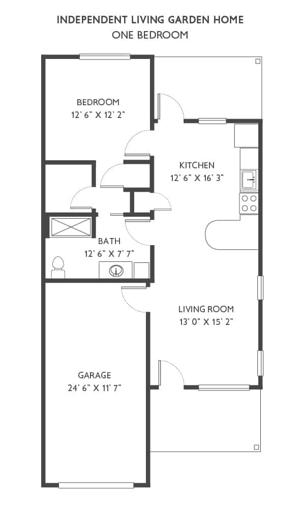 Floor plan of a two-bedroom apartment featuring a kitchen, living room, and bathroom.