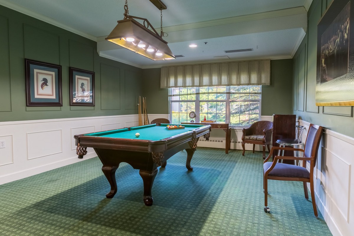 A cozy billiards room with a pool table and classic decor.