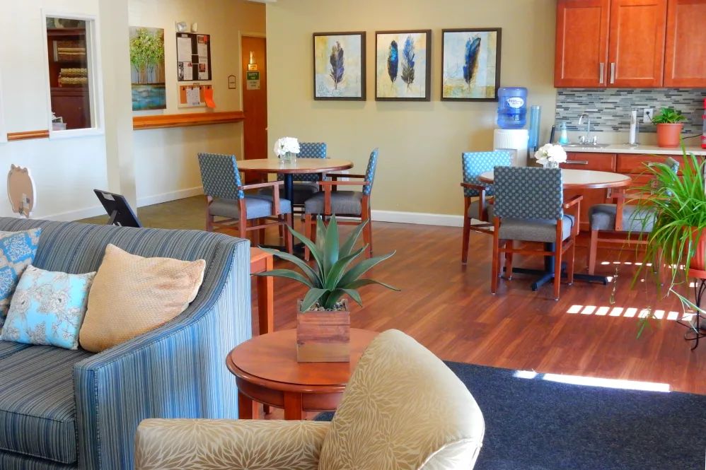 A cozy waiting room with comfortable seating, artwork on the walls, and natural lighting.