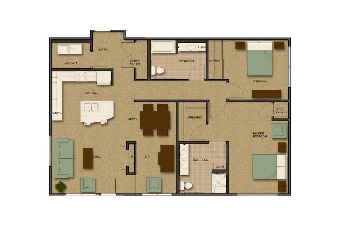 A detailed floor plan of an apartment showing multiple rooms including bedrooms, bathrooms, kitchen, and living areas.