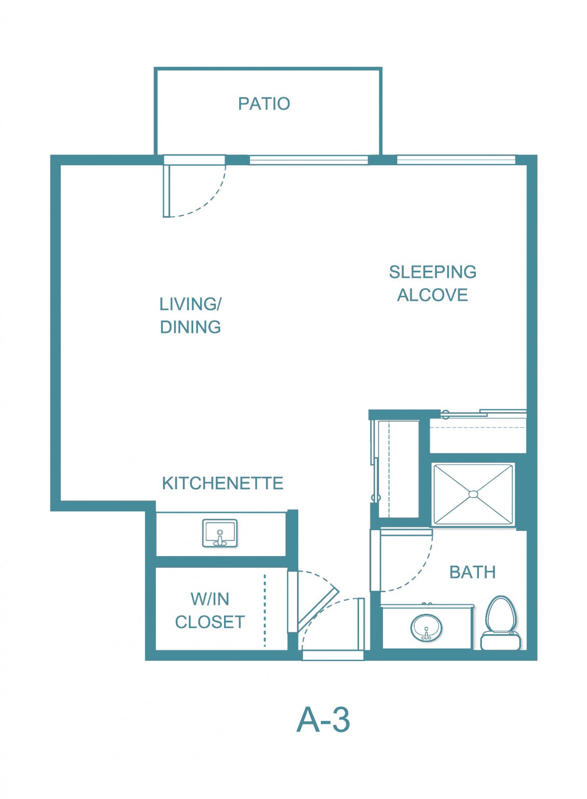 Studio apartment floor plan layout with kitchenette, living/dining area, sleeping alcove, and bathroom.