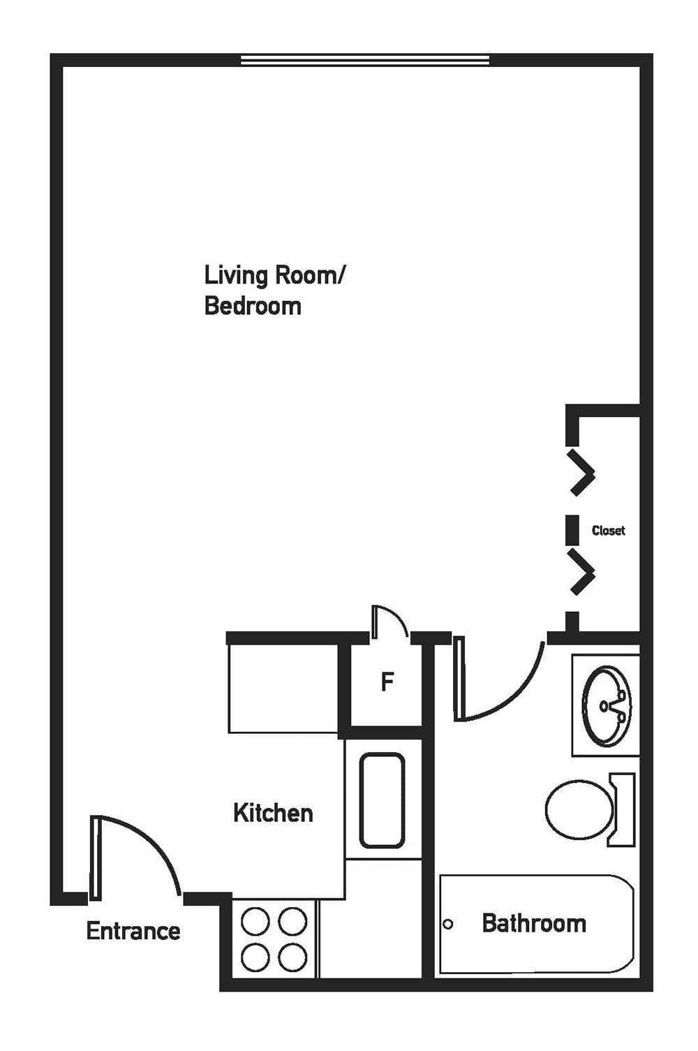 A floor plan of a studio apartment featuring a combined living room and bedroom, kitchen, and bathroom.