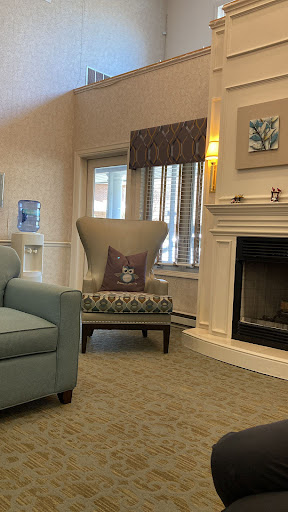 A cozy living room featuring an elegant armchair, a decorative pillow, a warm fireplace, and natural light filtering through the windows.