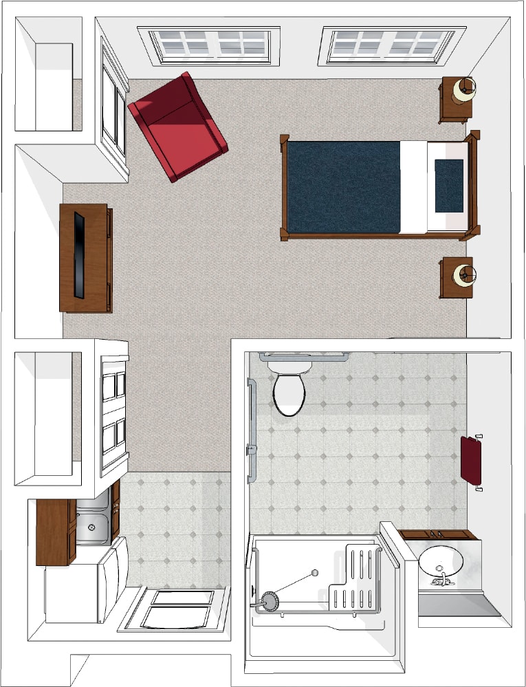 A simple floor plan of a small living space with a bedroom and bathroom.