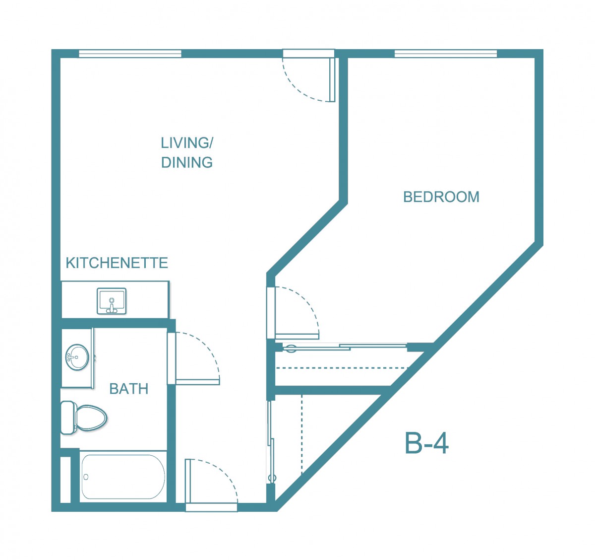 A compact apartment floor plan featuring a living/dining area, bedroom, kitchenette, and bathroom.
