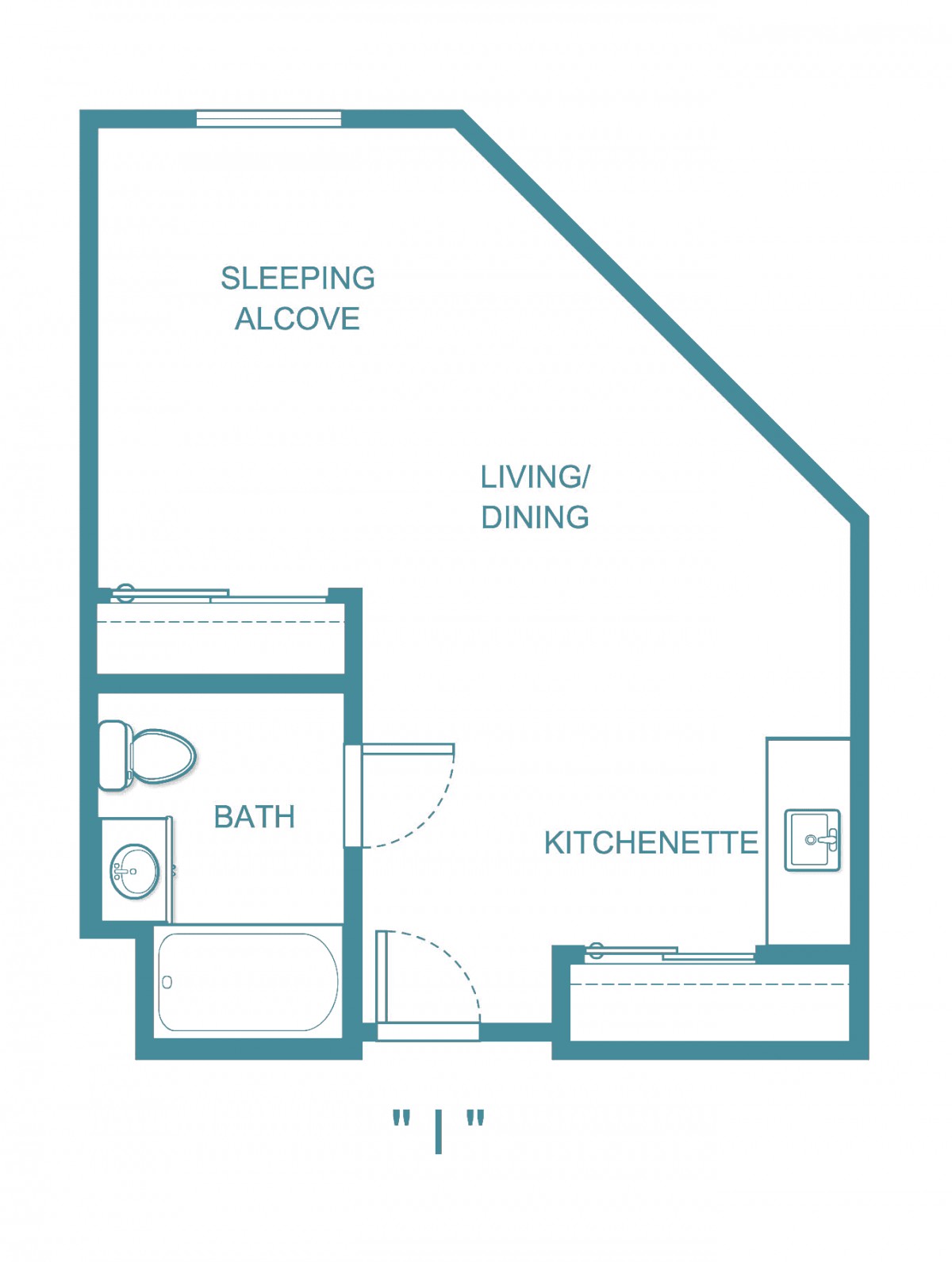 A simple floor plan of an apartment with a sleeping alcove, living/dining area, kitchenette, and bathroom.