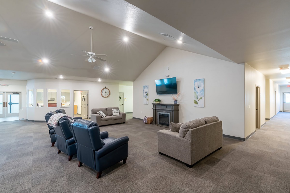 A modern living room with comfortable sofas and a fireplace, featuring a television on the wall and elegant decor.