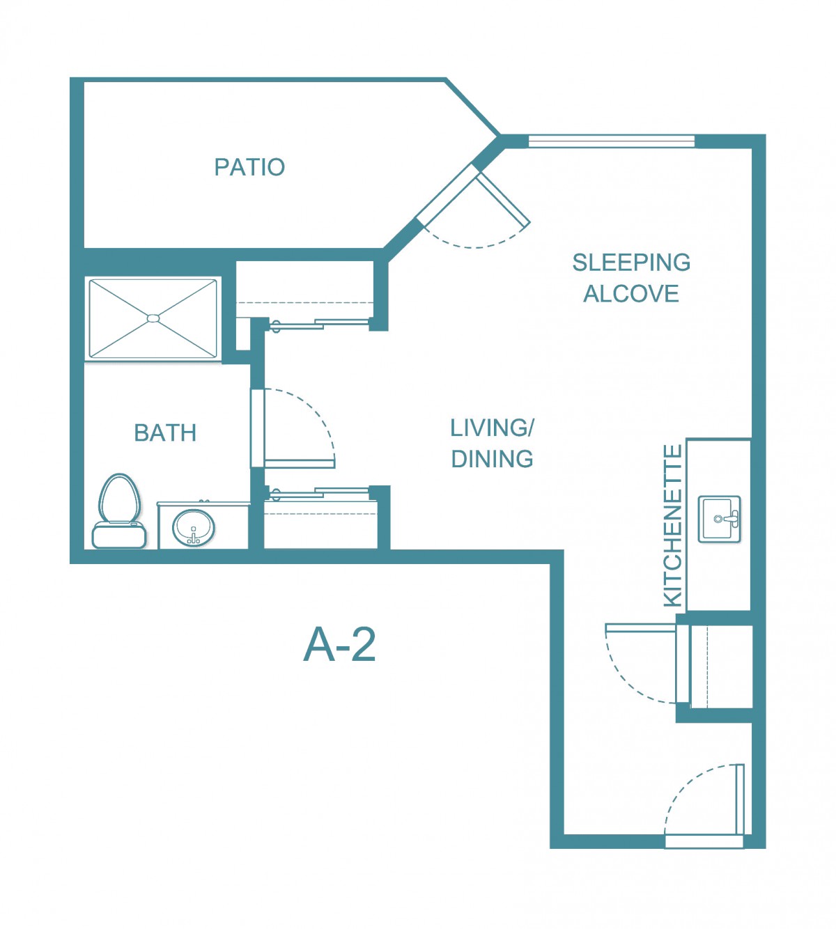 Floor plan of a studio apartment with sleeping area, living/dining space, kitchen, bathroom, and patio.