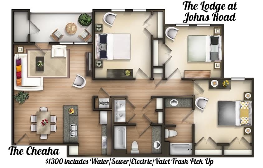 A detailed floor plan of a two-bedroom apartment, including amenities like kitchen, living room, and bathrooms.