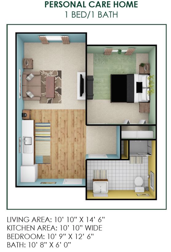An overhead view of a one-bedroom apartment floor plan, featuring a living room, kitchen, bathroom, and bedroom.