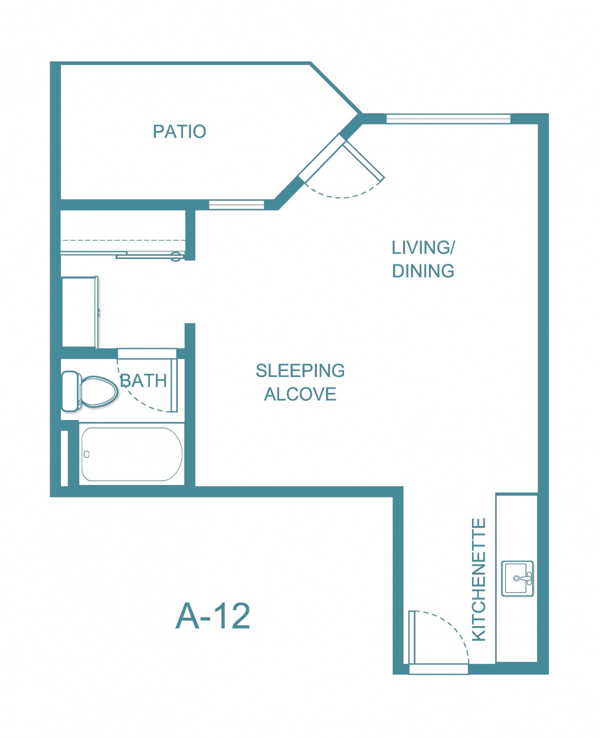 Studio apartment floor plan featuring a living/dining area, sleeping alcove, kitchenette, bathroom, and patio.
