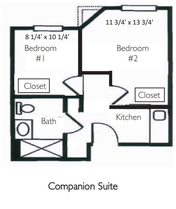 A floor plan of a companion suite featuring two bedrooms, a bathroom, a kitchen, and closets.