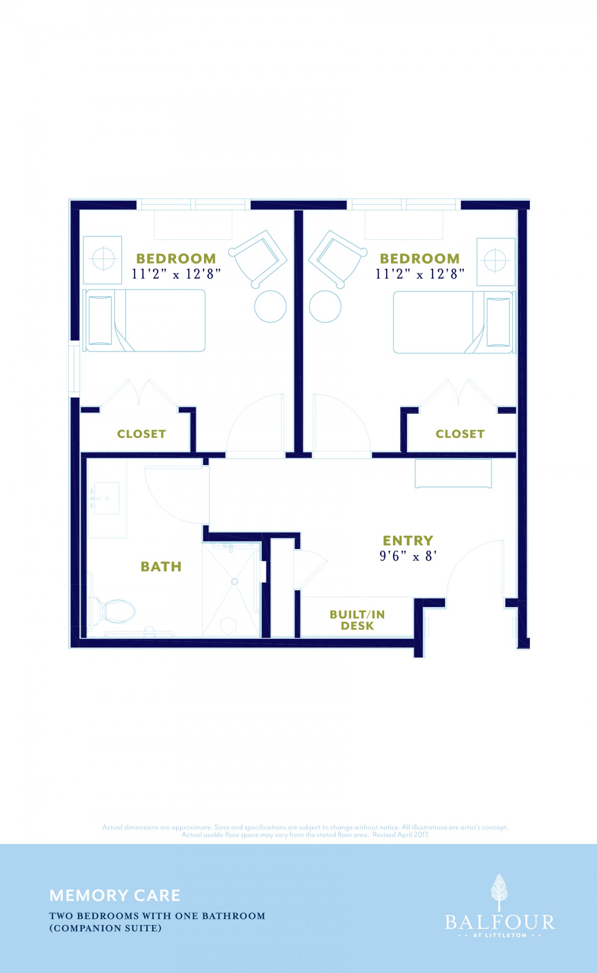 A floor plan showing a two-bedroom apartment layout with closets and a bathroom.