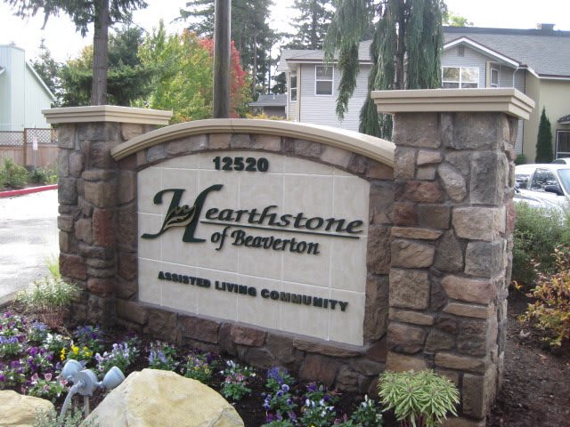 Sign for Hearthstone of Beaverton, an assisted living community.