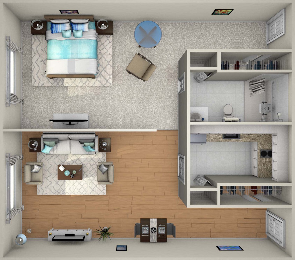 A 3D rendered floor plan of an apartment featuring a living room, kitchen, and multiple bedrooms.