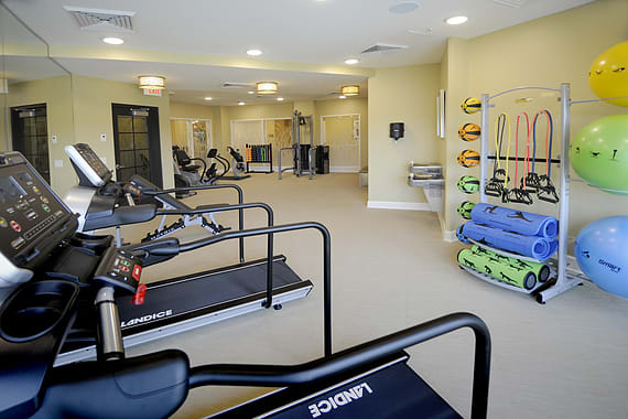 A modern gym equipped with treadmills and other exercise equipment.