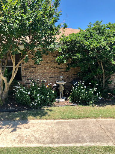 A lovely garden featuring a stone fountain surrounded by blooming flowers and greenery.